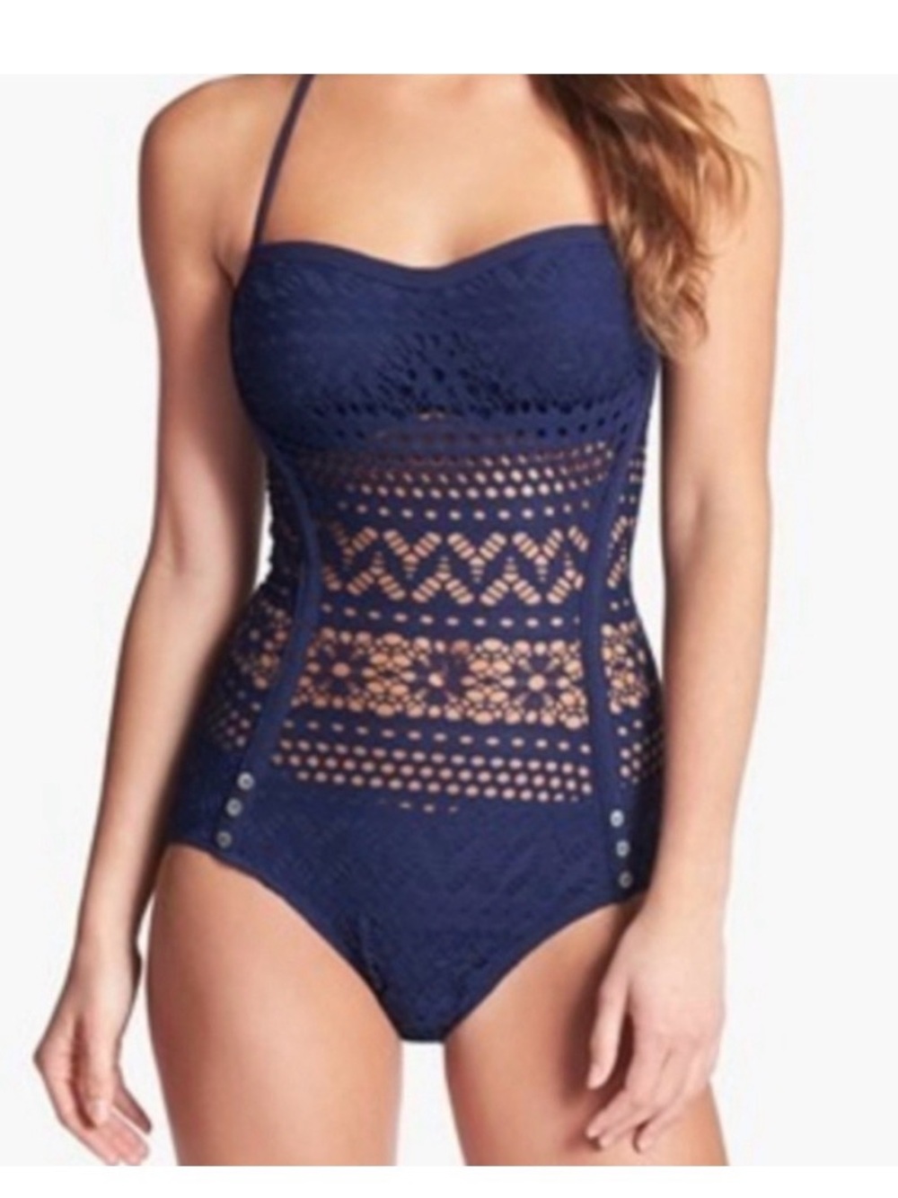 $150 Sz 6 Robin Piccone Mia Crochet Navy Blue One-Piece Swimsuit